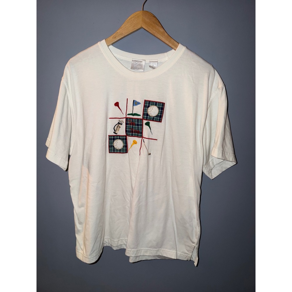 Laura Gayle Womens White Tee Time Golf Embroidered Plaid‎ Patchwork T-Shirt XL